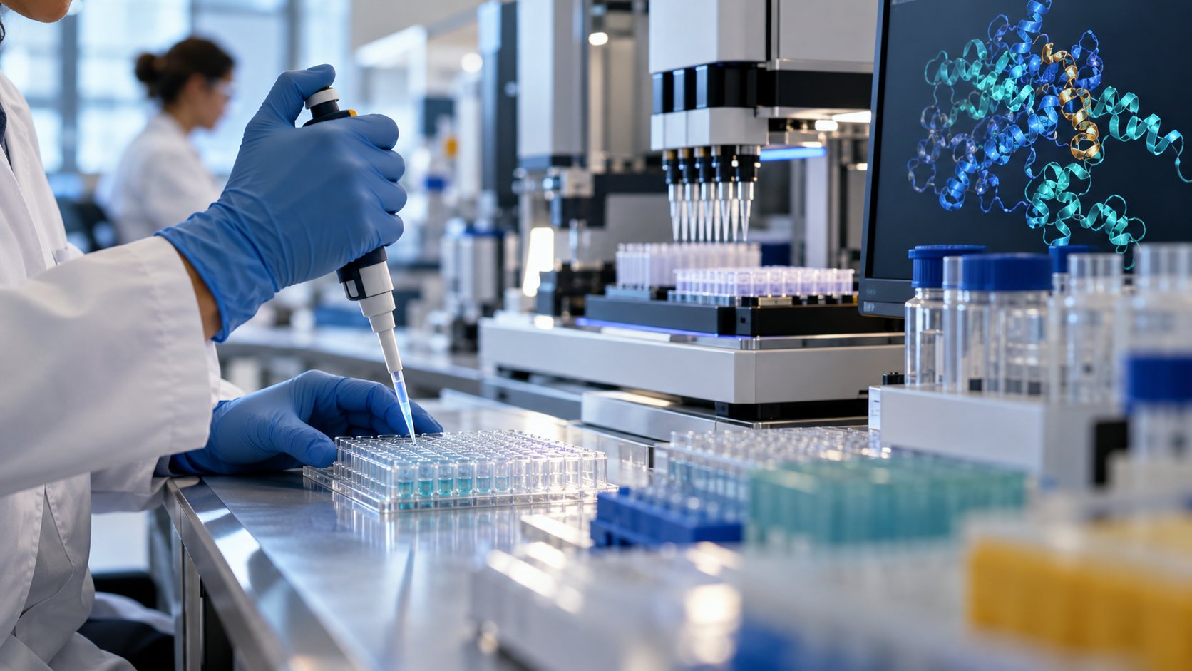 AI-supported discovery still depends on experimental validation. AI-generated laboratory illustration.